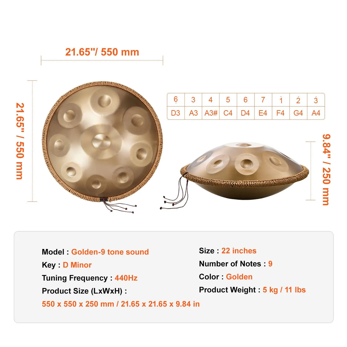Handpan Drum 22 in 9 Notes D Minor Steel Hand Drum with Mallets for Adult - Image 7