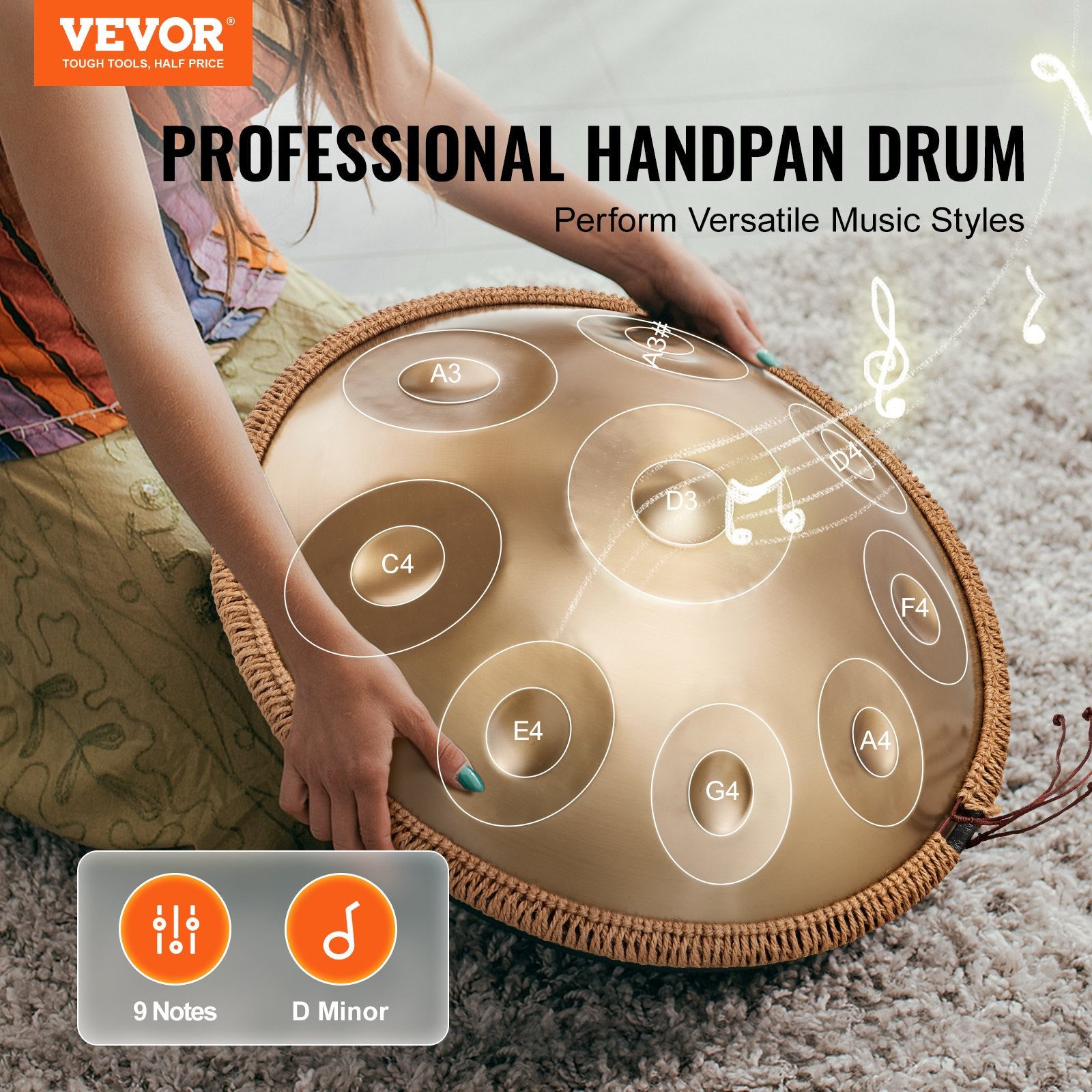Handpan Drum 22 in 9 Notes D Minor Steel Hand Drum with Mallets for Adult - Image 2
