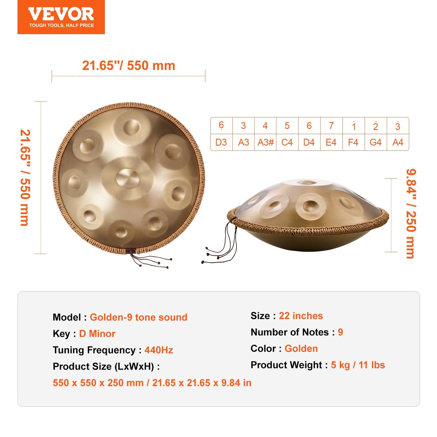 Handpan Drum 22 in 9 Notes D Minor Steel Hand Drum with Mallets for Adult - Image 7