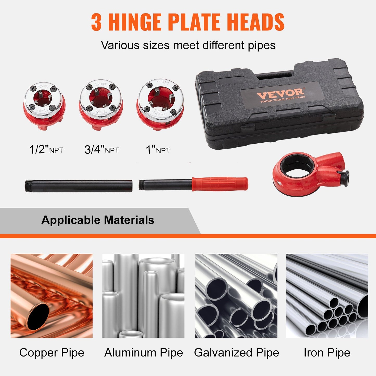 Ratchet Pipe Threader Kit, 1/2" NPT, 3/4" NPT, 1" NPT Manual Ratcheting Pipe Threader, Portable Pipe Threading Tool Set with 3PCS NPT Dies, Storage Case for Galvanized Aluminum Iron Copper Pipes - Image 2