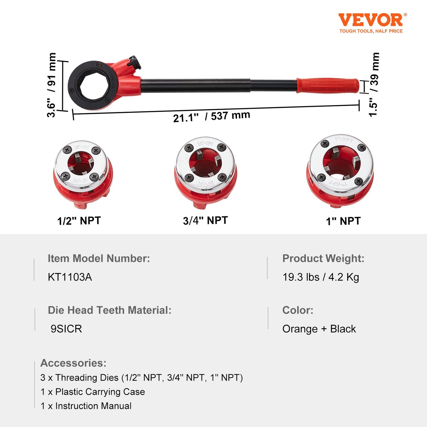 Ratchet Pipe Threader Kit, 1/2" NPT, 3/4" NPT, 1" NPT Manual Ratcheting Pipe Threader, Portable Pipe Threading Tool Set with 3PCS NPT Dies, Storage Case for Galvanized Aluminum Iron Copper Pipes - Image 7