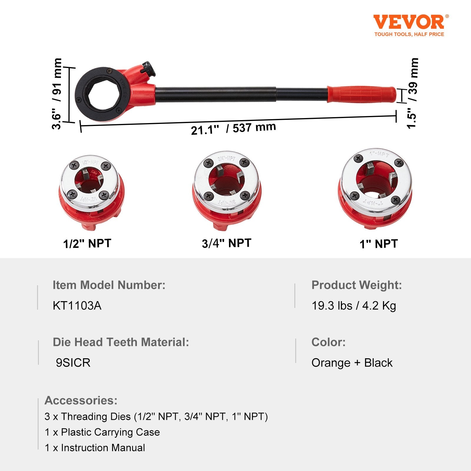 Ratchet Pipe Threader Kit, 1/2" NPT, 3/4" NPT, 1" NPT Manual Ratcheting Pipe Threader, Portable Pipe Threading Tool Set with 3PCS NPT Dies, Storage Case for Galvanized Aluminum Iron Copper Pipes - Image 7