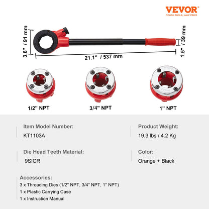 Ratchet Pipe Threader Kit, 1/2" NPT, 3/4" NPT, 1" NPT Manual Ratcheting Pipe Threader, Portable Pipe Threading Tool Set with 3PCS NPT Dies, Storage Case for Galvanized Aluminum Iron Copper Pipes - Image 7