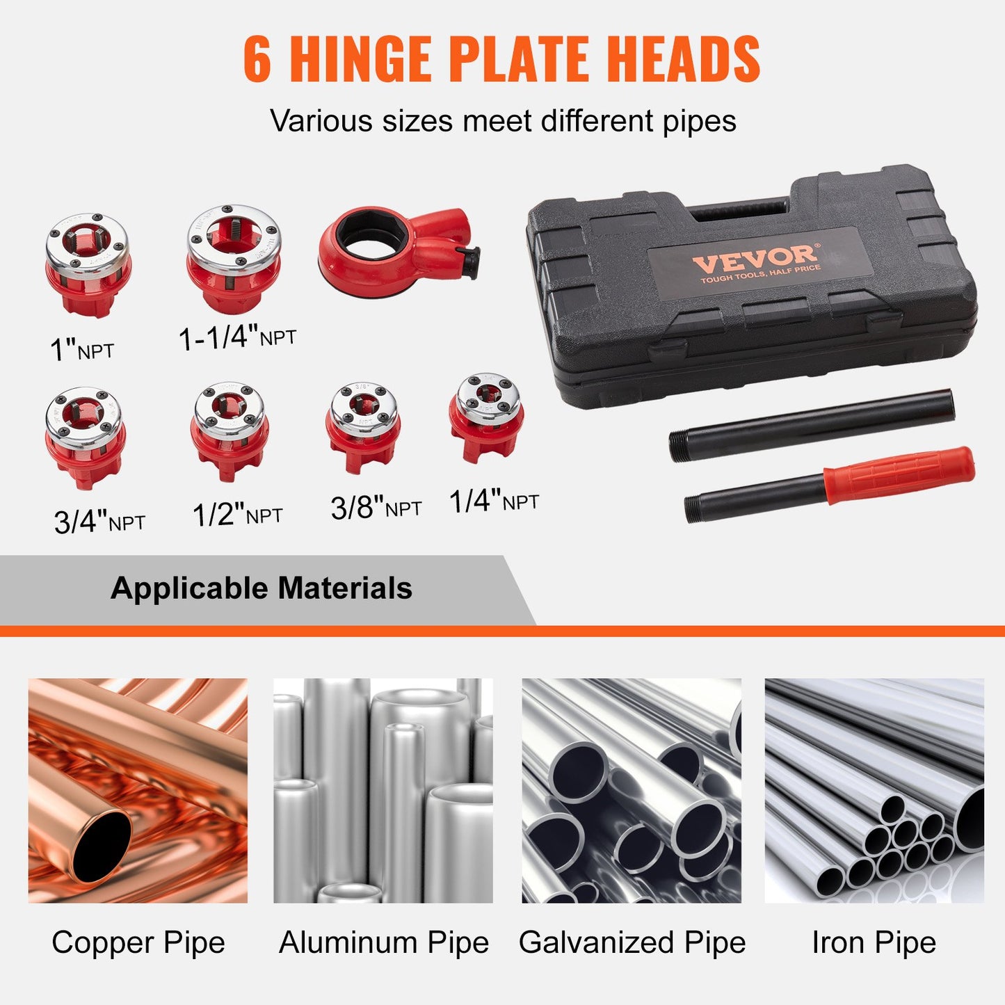 Ratchet Pipe Threader Kit, 1/4" NPT - 1-1/4" NPT Manual Ratcheting Pipe Threader, Portable Pipe Threading Tool Set with 6PCS NPT Dies, Storage Case for Galvanized Aluminum Iron Copper Pipes - Image 2