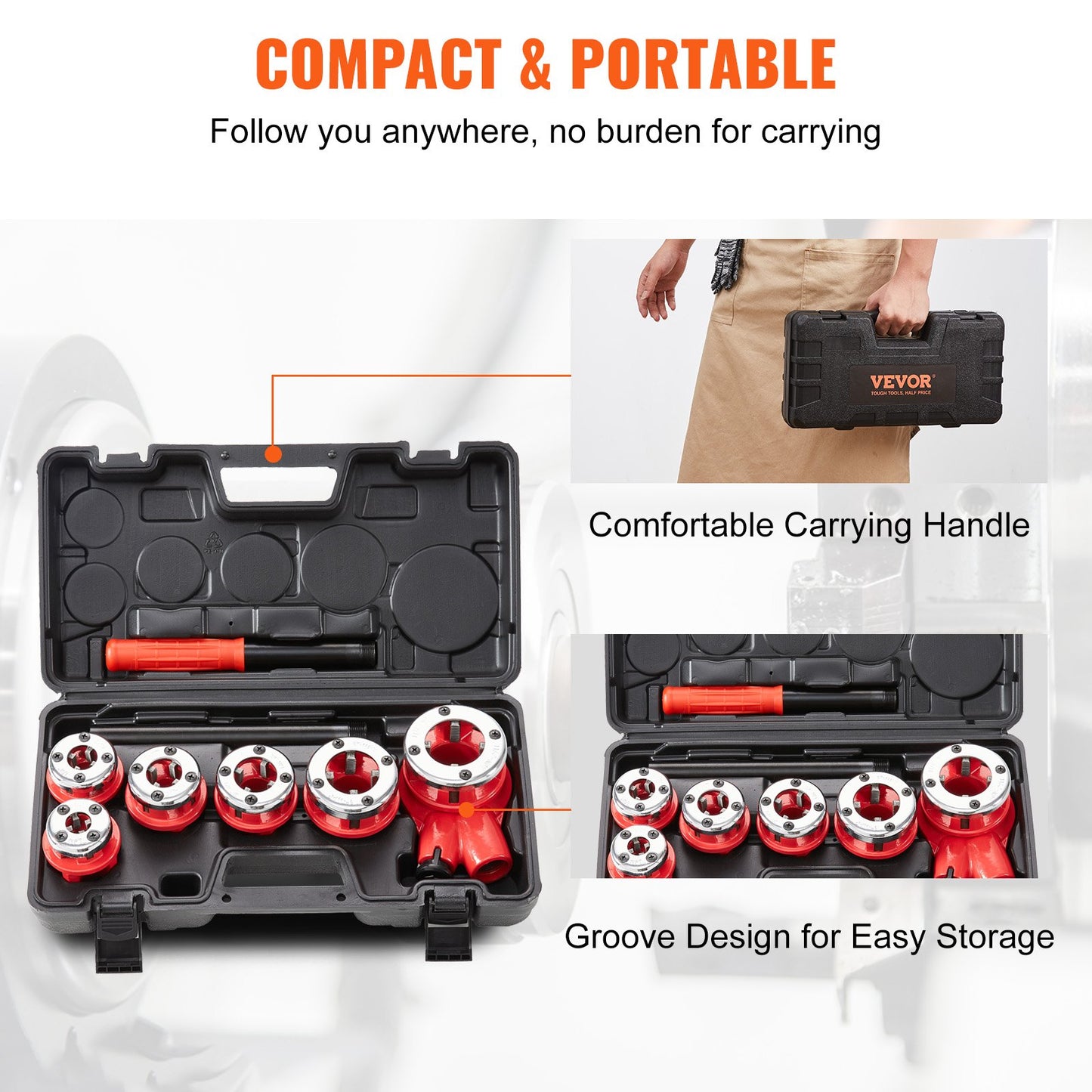 Ratchet Pipe Threader Kit, 1/4" NPT - 1-1/4" NPT Manual Ratcheting Pipe Threader, Portable Pipe Threading Tool Set with 6PCS NPT Dies, Storage Case for Galvanized Aluminum Iron Copper Pipes - Image 6