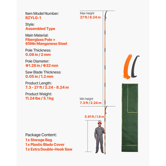 Manual Pole Saw, 2.24 m-8.24 m Extendable Tree Pruner, Sharp Steel Blade High Branches Trimming, Manual Branch Trimmer with Lightweight 8 Fiberglass Handles, for Pruning Palms and Shrubs - Image 2