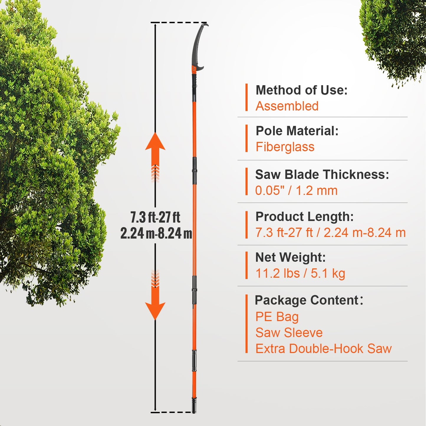 Manual Pole Saw, 2.24 m-8.24 m Extendable Tree Pruner, Sharp Steel Blade High Branches Trimming, Manual Branch Trimmer with Lightweight 8 Fiberglass Handles, for Pruning Palms and Shrubs - Image 7
