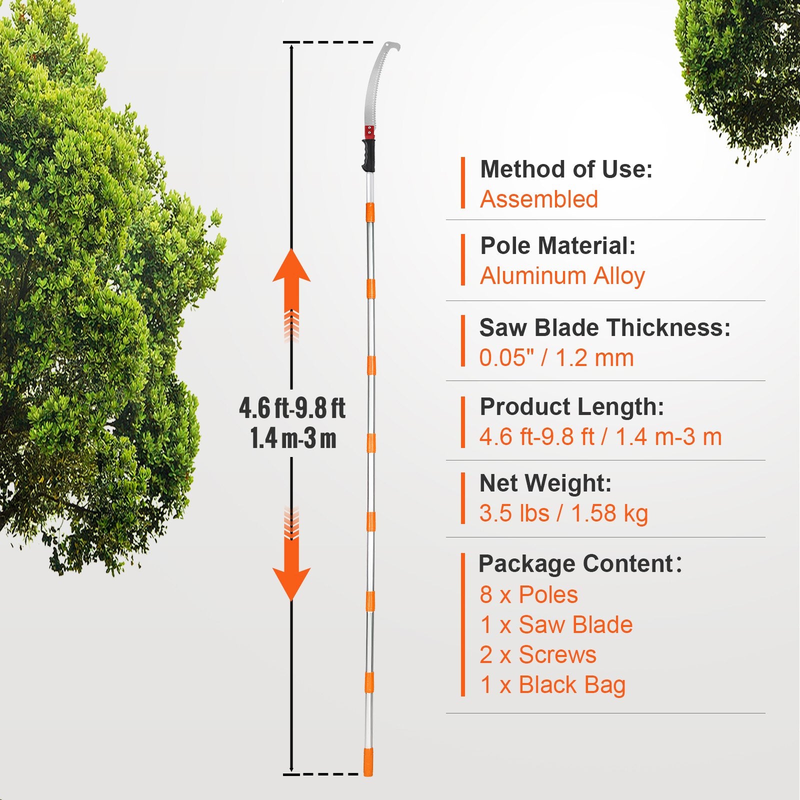 Manual Pole Saw Extendable Tree Pruner 1.4 m-3 m Aluminum Alloy Pole - Image 7
