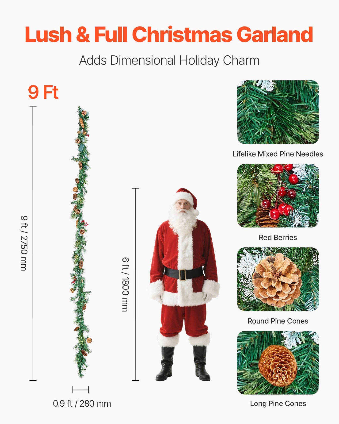 Christmas Garland, 2750mm Artificial Christmas Garland with Light String, Faux Greenery Decoration with Berry Clusters, Pine Needles, Pine Cones, Realistic Xmas Collection for Mantel Fireplace - Image 2