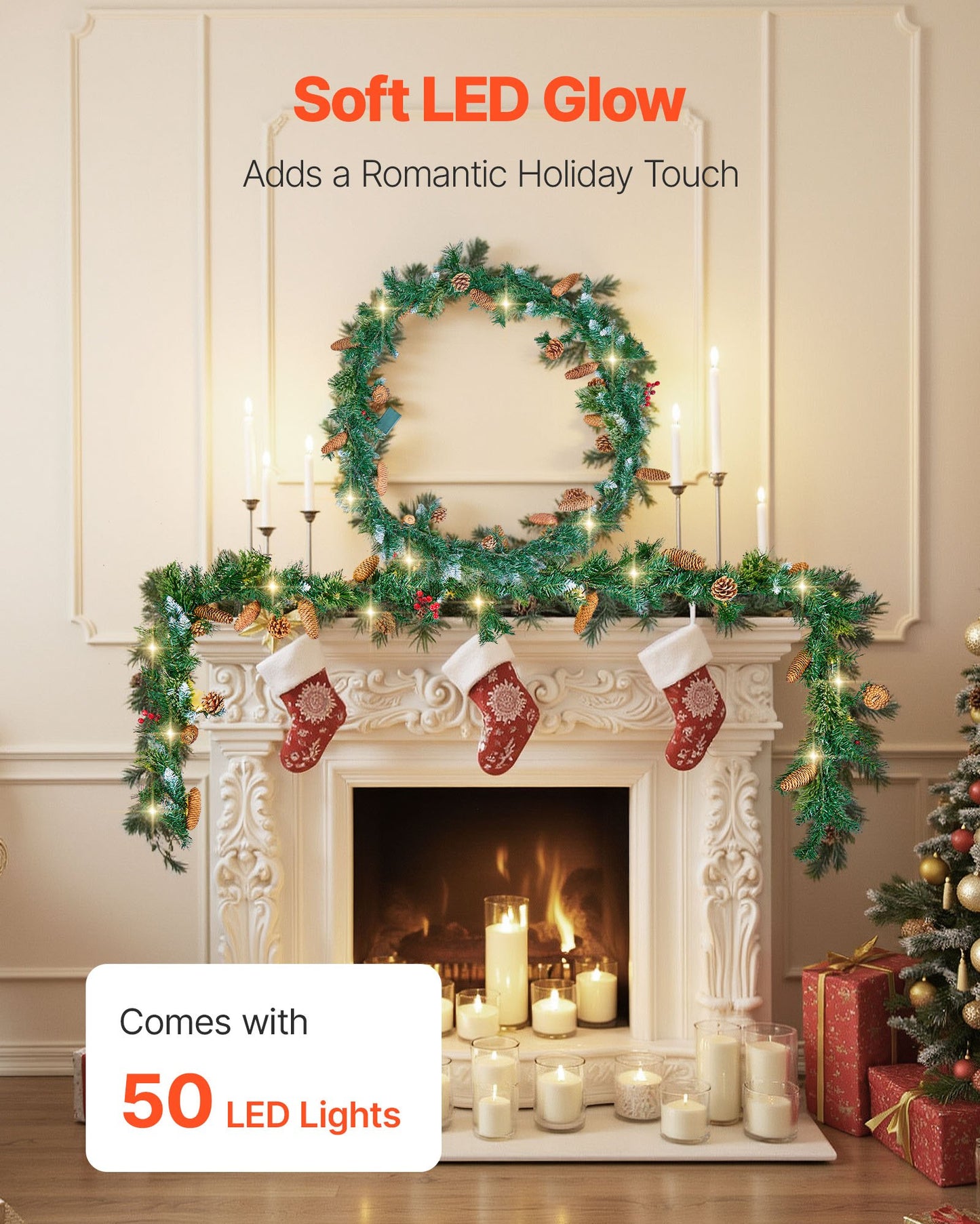Christmas Garland, 2750mm Artificial Christmas Garland with Light String, Faux Greenery Decoration with Berry Clusters, Pine Needles, Pine Cones, Realistic Xmas Collection for Mantel Fireplace - Image 3