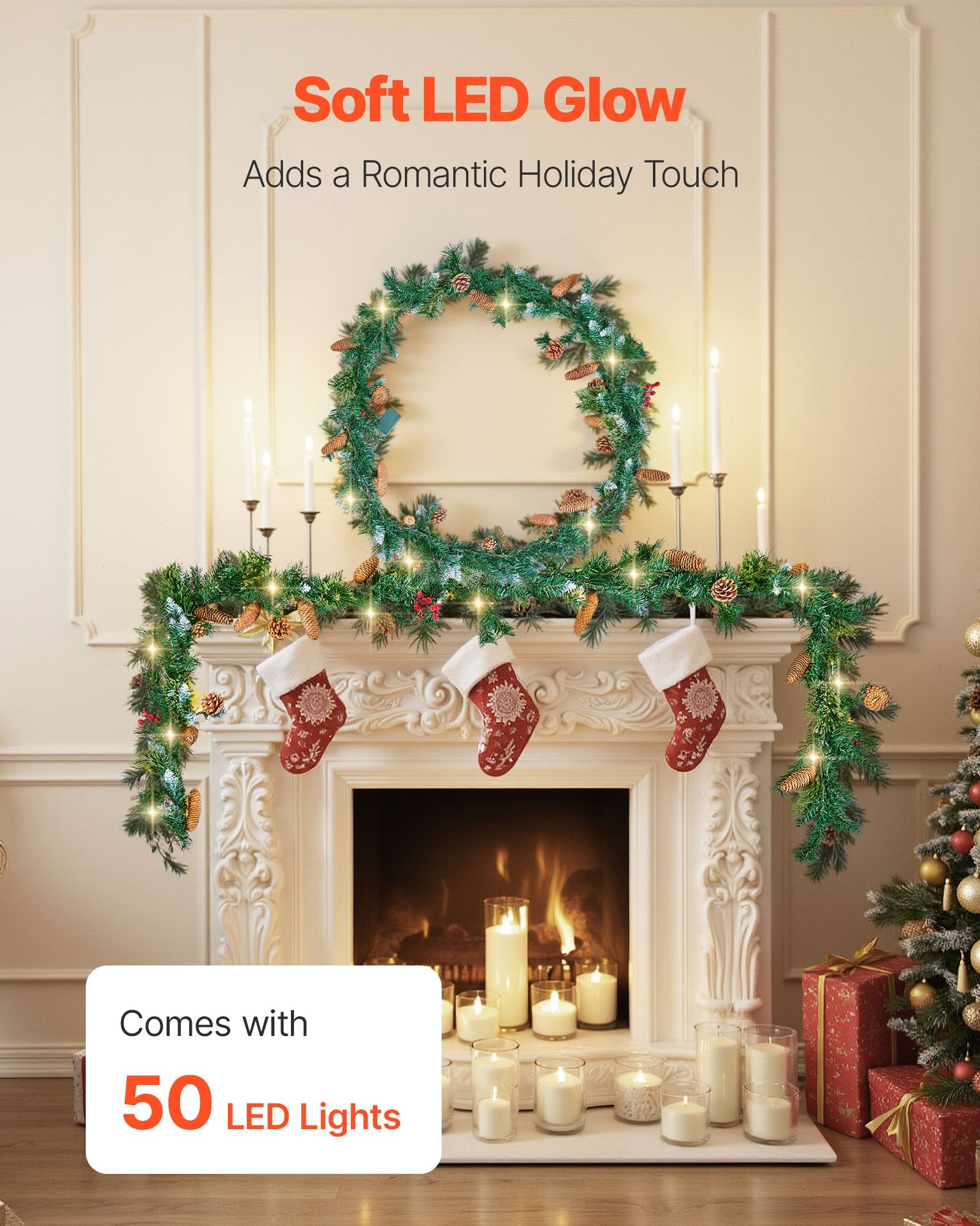 Christmas Garland, 2750mm Artificial Christmas Garland with Light String, Faux Greenery Decoration with Berry Clusters, Pine Needles, Pine Cones, Realistic Xmas Collection for Mantel Fireplace - Image 3