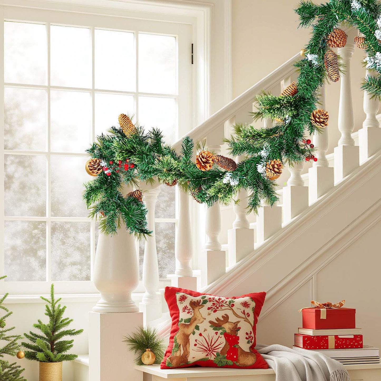 Christmas Garland, 2750mm Artificial Christmas Garland with Light String, Faux Greenery Decoration with Berry Clusters, Pine Needles, Pine Cones, Realistic Xmas Collection for Mantel Fireplace - Image 8