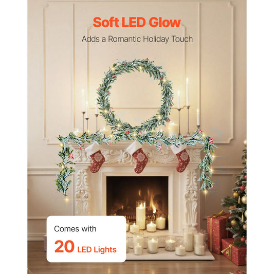 Christmas Garland, 2011 mm Realistic Greenery Decorated with Vines, Olive Leaves, and Berries, Evergreen Faux Garlands with Light String for Indoor Outdoor Xmas Decoration on Mantel Fireplace - Image 3