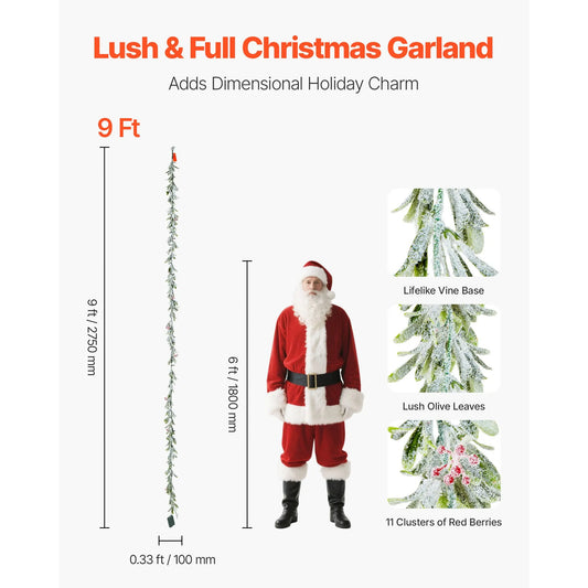 Christmas Garland, 2750 mm Realistic Greenery Decorated with Vines, Olive Leaves, and Berries, Evergreen Faux Garlands with Light String for Indoor Outdoor Xmas Decoration on Mantel Fireplace - Image 2