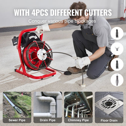 Drain Cleaner Machine Drain Auger 50FT x 3/8 Inch Manual Feed & 4 Cutters - Image 5