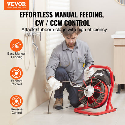 Drain Cleaner Machine Drain Auger 75FT x 3/8 Inch Manual Feed & 4 Cutters - Image 2