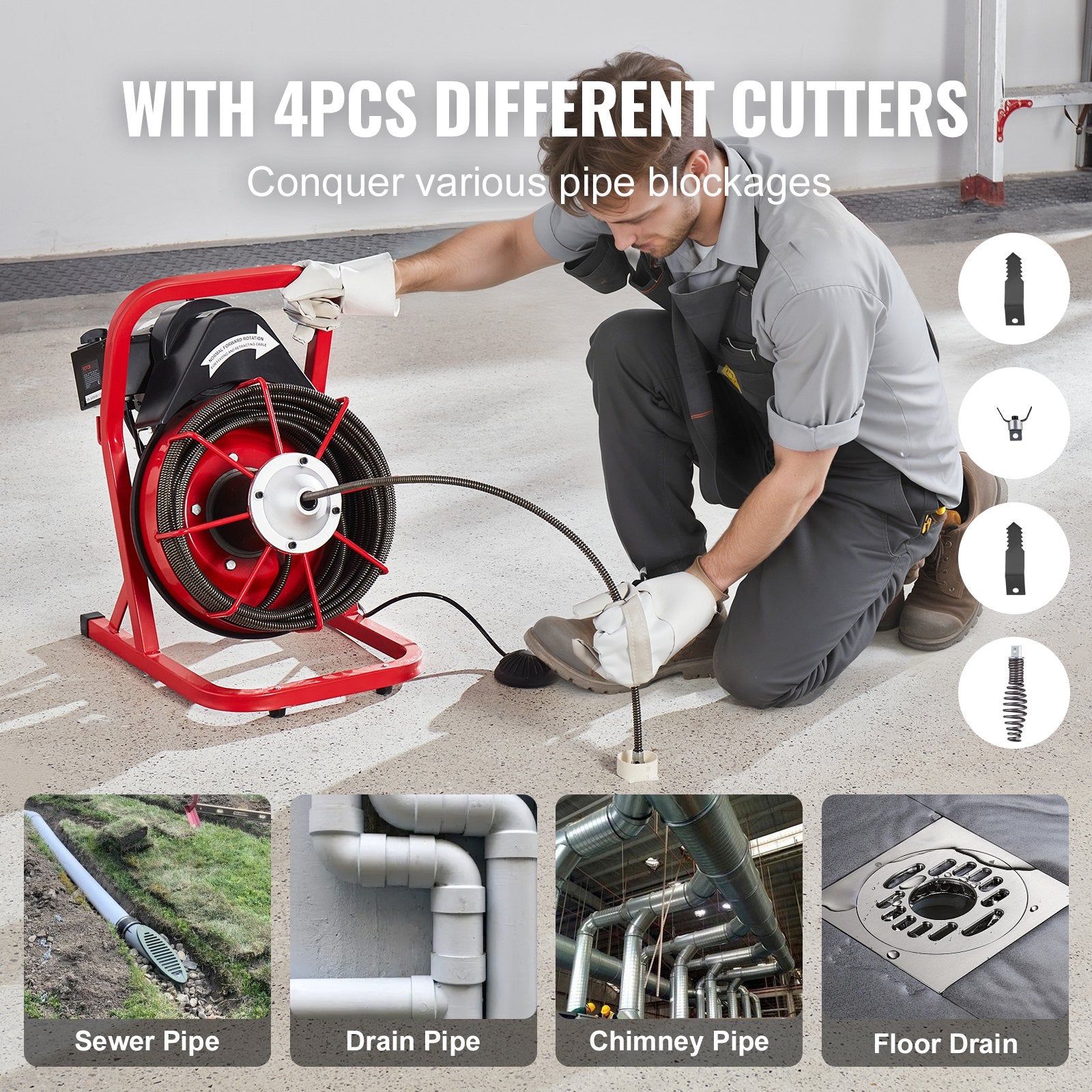 Drain Cleaner Machine Drain Auger 75FT x 3/8 Inch Manual Feed & 4 Cutters - Image 5