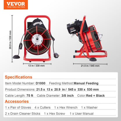 Drain Cleaner Machine Drain Auger 75FT x 3/8 Inch Manual Feed & 4 Cutters - Image 7