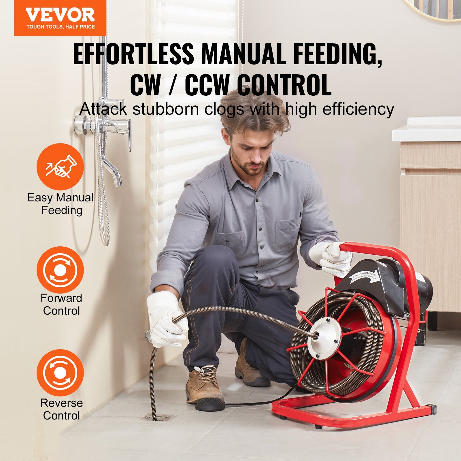 Drain Cleaner Machine Drain Auger 50FT x 1/2 Inch Manual Feed & 4 Cutters - Image 2