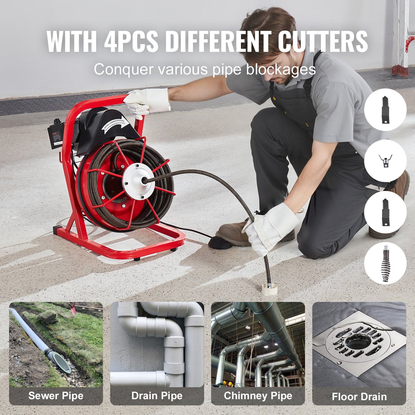 Drain Cleaner Machine Drain Auger 50FT x 1/2 Inch Manual Feed & 4 Cutters - Image 5