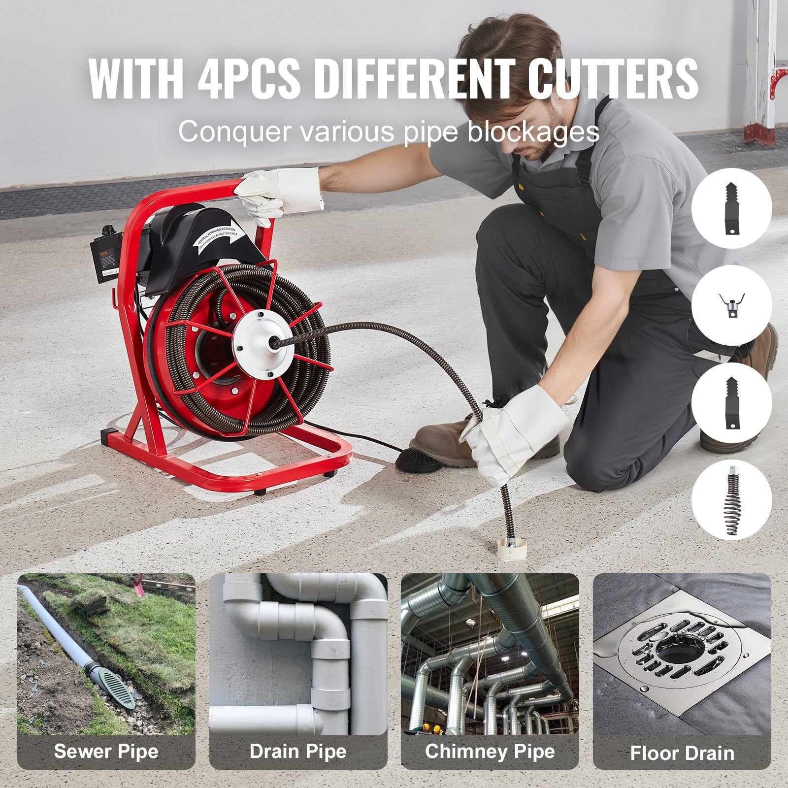 Drain Cleaner Machine Drain Auger 50FT x 1/2 Inch Manual Feed & 4 Cutters - Image 5