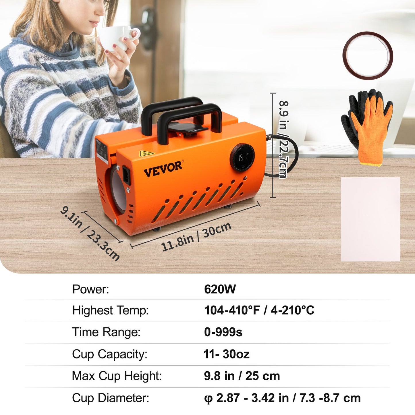 Mug Heat Press, 30oz Tumbler Heat Press Machine, Sublimation Transfer 11-15oz 16-25oz 30oz Straight Skinny Tumblers, Cup Heat Press with Heat-resist Gloves & Tape, DIY Ceramic Mugs Cups Glasses - Image 7