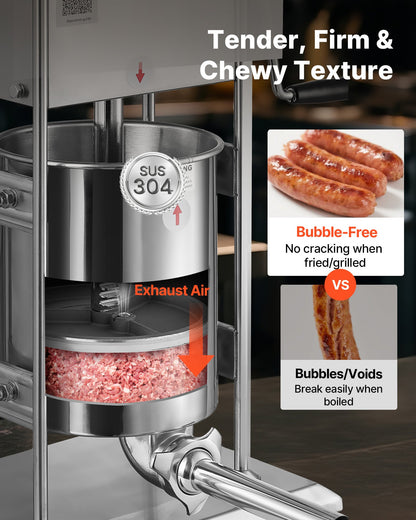 Manual Sausage Stuffer, 22 LBS / 10 L Vertical Meat Stuffer, Dual-Speed Sausage Casing Meat Filling Machine, Stainless Steel Heavy Duty Filler with 5 Stuffing Tubes, for Commercial & Home Use - Image 3