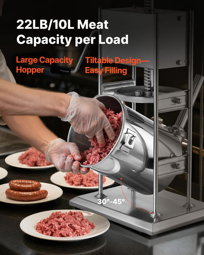 Manual Sausage Stuffer, 22 LBS / 10 L Vertical Meat Stuffer, Dual-Speed Sausage Casing Meat Filling Machine, Stainless Steel Heavy Duty Filler with 5 Stuffing Tubes, for Commercial & Home Use - Image 4