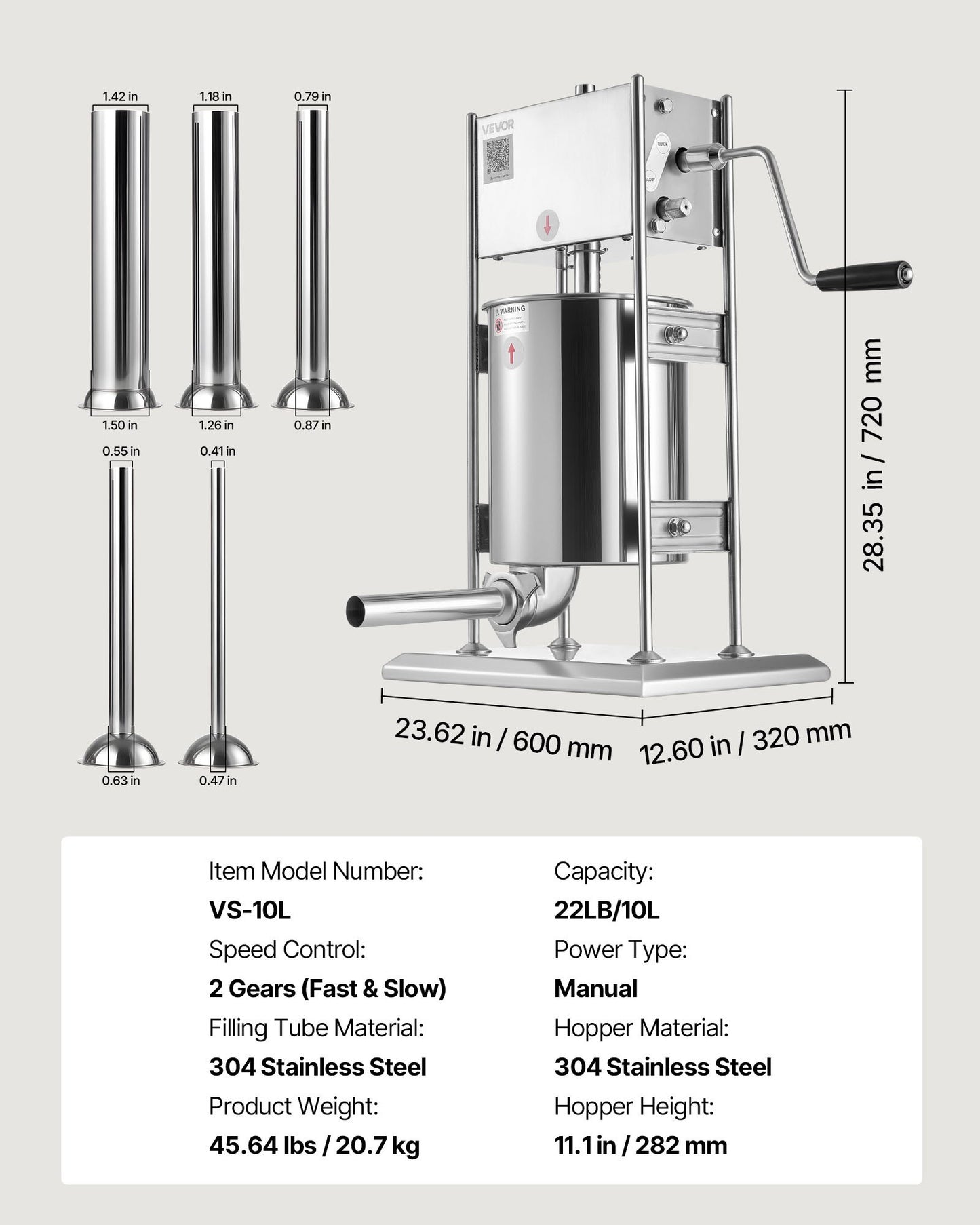 Manual Sausage Stuffer, 22 LBS / 10 L Vertical Meat Stuffer, Dual-Speed Sausage Casing Meat Filling Machine, Stainless Steel Heavy Duty Filler with 5 Stuffing Tubes, for Commercial & Home Use - Image 7