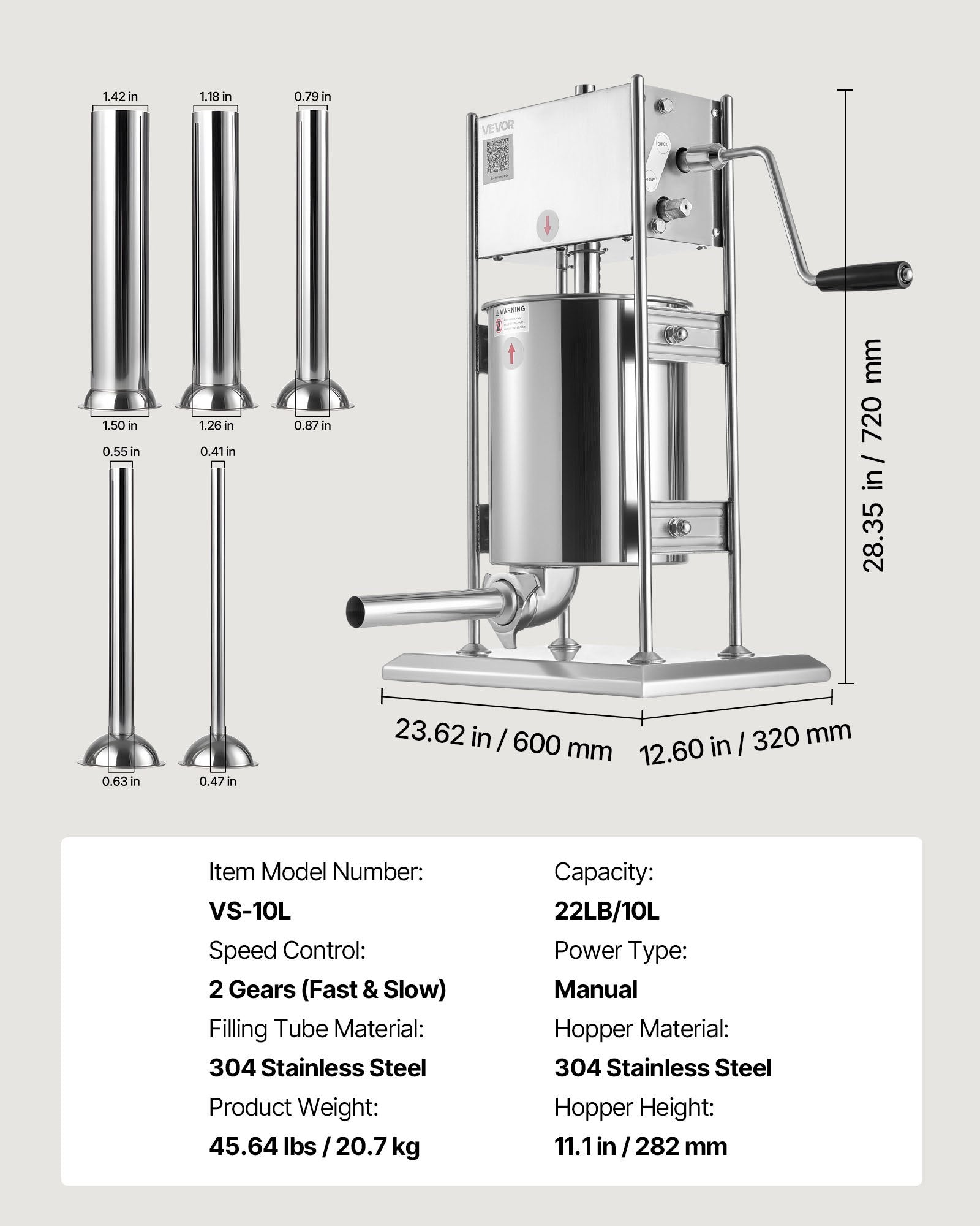 Manual Sausage Stuffer, 22 LBS / 10 L Vertical Meat Stuffer, Dual-Speed Sausage Casing Meat Filling Machine, Stainless Steel Heavy Duty Filler with 5 Stuffing Tubes, for Commercial & Home Use - Image 7