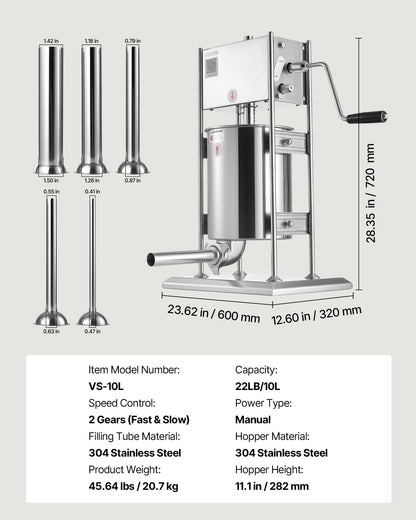 Manual Sausage Stuffer, 22 LBS / 10 L Vertical Meat Stuffer, Dual-Speed Sausage Casing Meat Filling Machine, Stainless Steel Heavy Duty Filler with 5 Stuffing Tubes, for Commercial & Home Use - Image 7