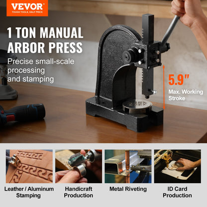 Arbor Press, 1 Ton Manual Arbor Press, 5.9" Maximum Height, Cast Iron Heavy-duty Manual Desktop Arbor Press, Precision Hand Press for Stamping, Bending, Stretching, Forming - Image 2