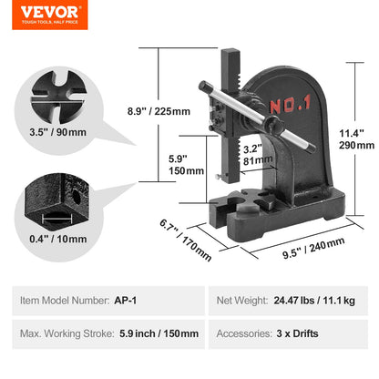 Arbor Press, 1 Ton Manual Arbor Press, 5.9" Maximum Height, Cast Iron Heavy-duty Manual Desktop Arbor Press, Precision Hand Press for Stamping, Bending, Stretching, Forming - Image 7