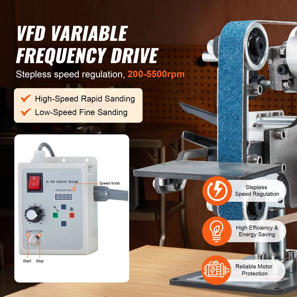 Belt Grinder Sander, 30 x 1-Inch Variable Speed Belt Polisher with VFD, 550W Polishing Grinding Machine with 2 Grinding Moulds & 3PCS Sanding Belts for Metalworking, Knife Making - Image 3