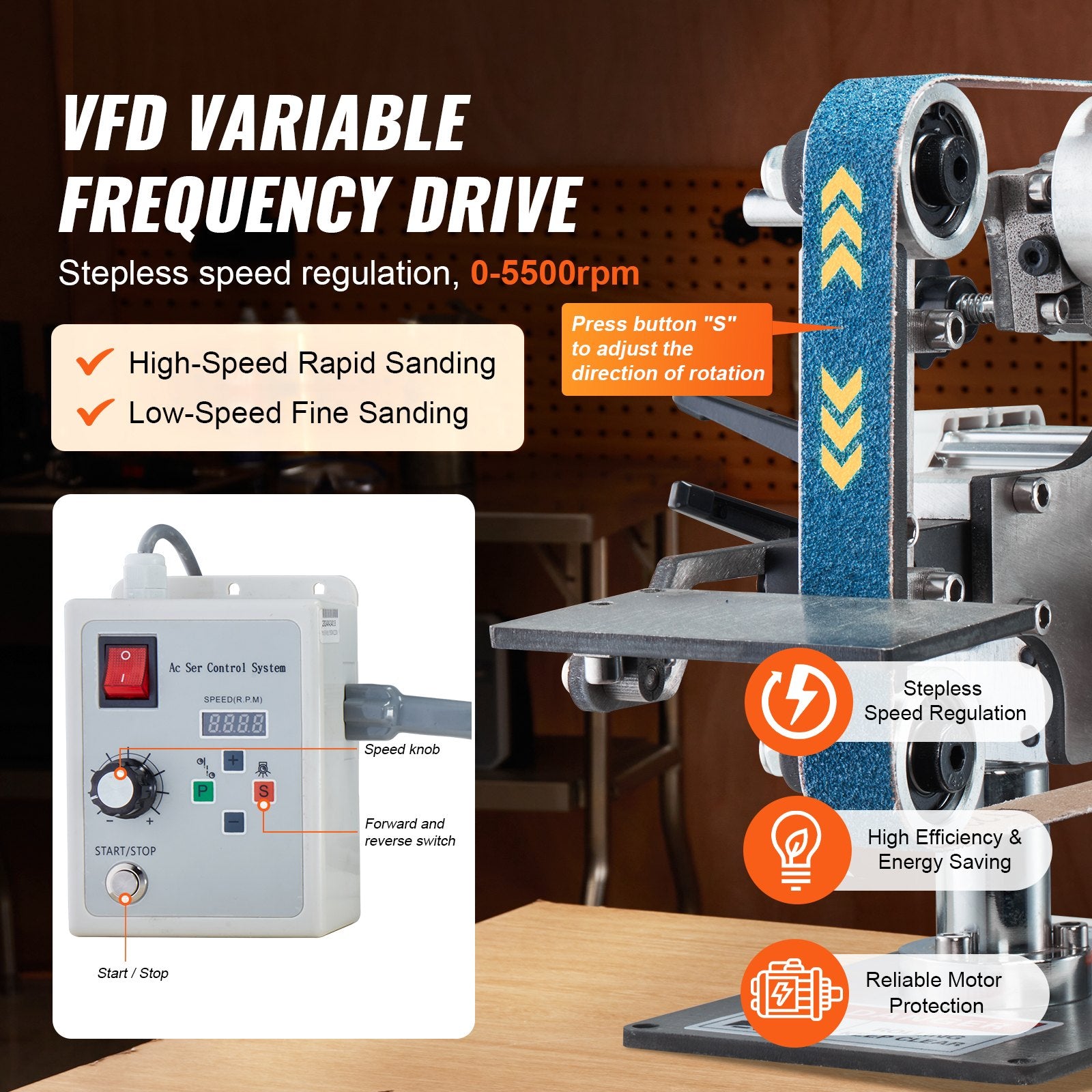 Belt Grinder Sander, 30 x 1-Inch Variable Speed Belt Polisher with VFD, 550W Polishing Grinding Machine with 2 Grinding Moulds & 3PCS Sanding Belts for Metalworking, Knife Making - Image 3