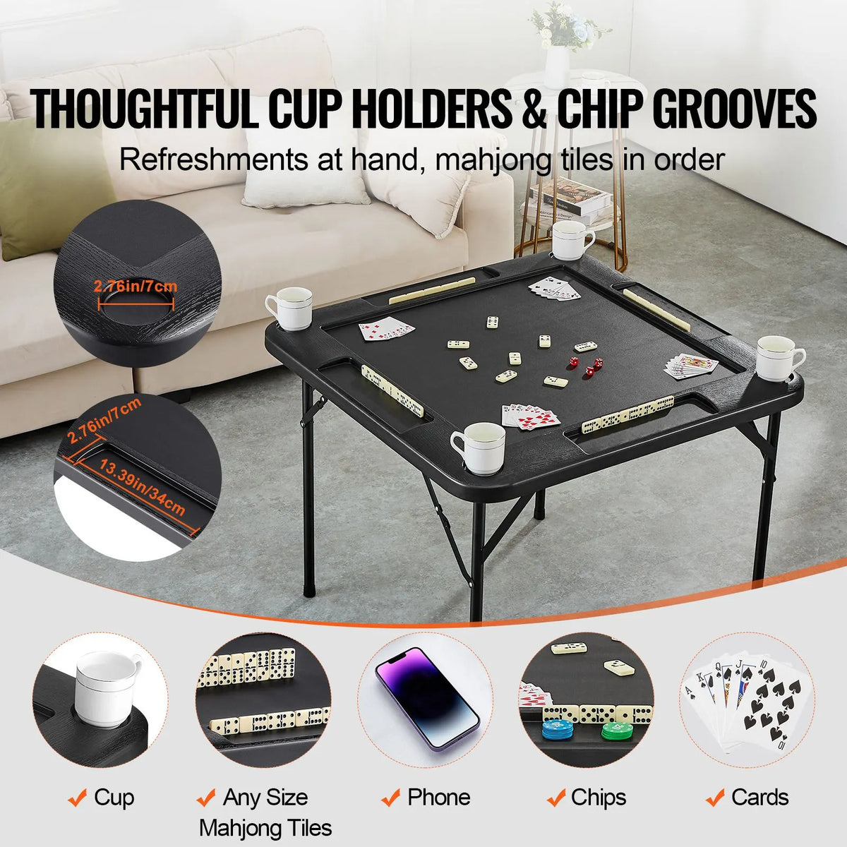 Mahjong Table, Square 4 Player Folding Card Table with 4 Cup Holders & 4 Chip Trays, Portable Domino Game Table with 1 Set of Dominoes for Mahjong Poke Puzzles, 90 x 90-inch, Black - Image 2
