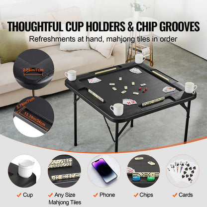 Mahjong Table, Square 4 Player Folding Card Table with 4 Cup Holders & 4 Chip Trays, Portable Domino Game Table with 1 Set of Dominoes for Mahjong Poke Puzzles, 90 x 90-inch, Black - Image 2
