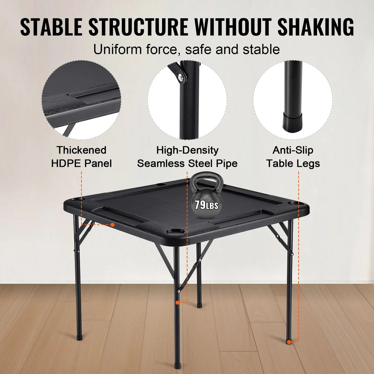 Mahjong Table, Square 4 Player Folding Card Table with 4 Cup Holders & 4 Chip Trays, Portable Domino Game Table with 1 Set of Dominoes for Mahjong Poke Puzzles, 90 x 90-inch, Black - Image 4