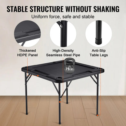 Mahjong Table, Square 4 Player Folding Card Table with 4 Cup Holders & 4 Chip Trays, Portable Domino Game Table with 1 Set of Dominoes for Mahjong Poke Puzzles, 90 x 90-inch, Black - Image 4