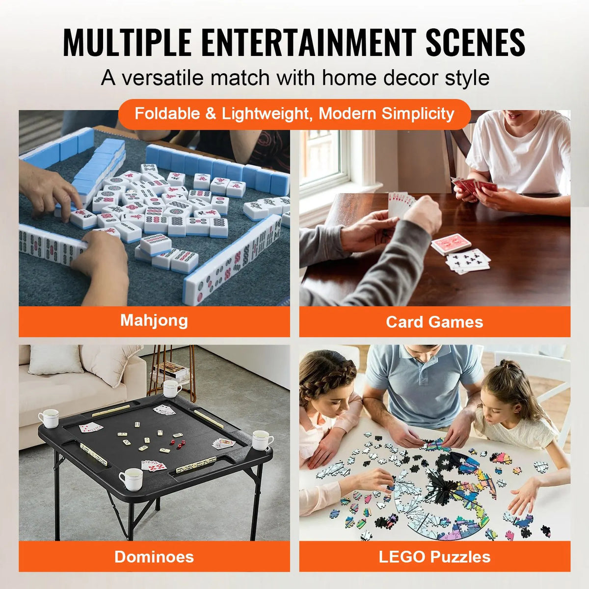 Mahjong Table, Square 4 Player Folding Card Table with 4 Cup Holders & 4 Chip Trays, Portable Domino Game Table with 1 Set of Dominoes for Mahjong Poke Puzzles, 90 x 90-inch, Black - Image 5