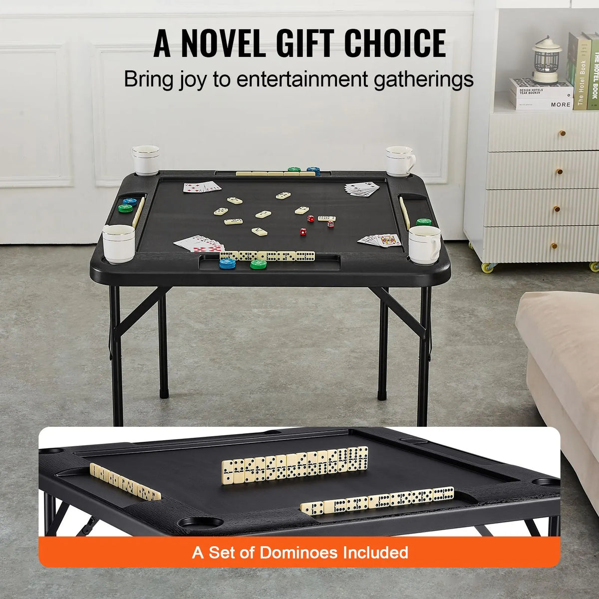 Mahjong Table, Square 4 Player Folding Card Table with 4 Cup Holders & 4 Chip Trays, Portable Domino Game Table with 1 Set of Dominoes for Mahjong Poke Puzzles, 90 x 90-inch, Black - Image 6