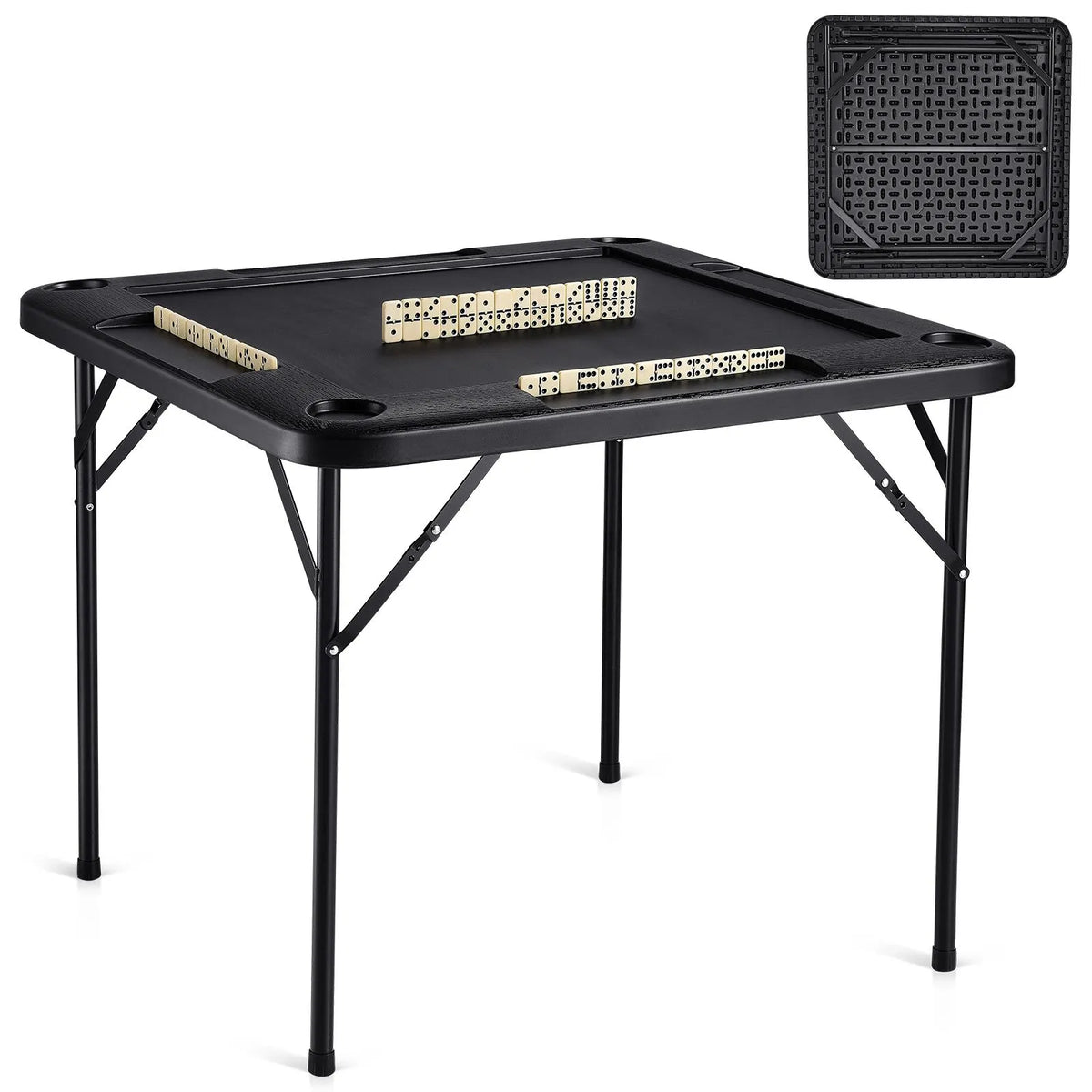 Mahjong Table, Square 4 Player Folding Card Table with 4 Cup Holders & 4 Chip Trays, Portable Domino Game Table with 1 Set of Dominoes for Mahjong Poke Puzzles, 90 x 90-inch, Black - Image 9