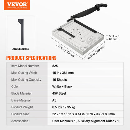 Paper Cutter, Guillotine Trimmer, 381 mm Cut Length, 16 Sheets Capacity, Heavy Duty Guillotine Paper Cutter with Guard Rail/Blade Lock for Cardstock/Cardboard, Paper Trimmer for Home Office - Image 7