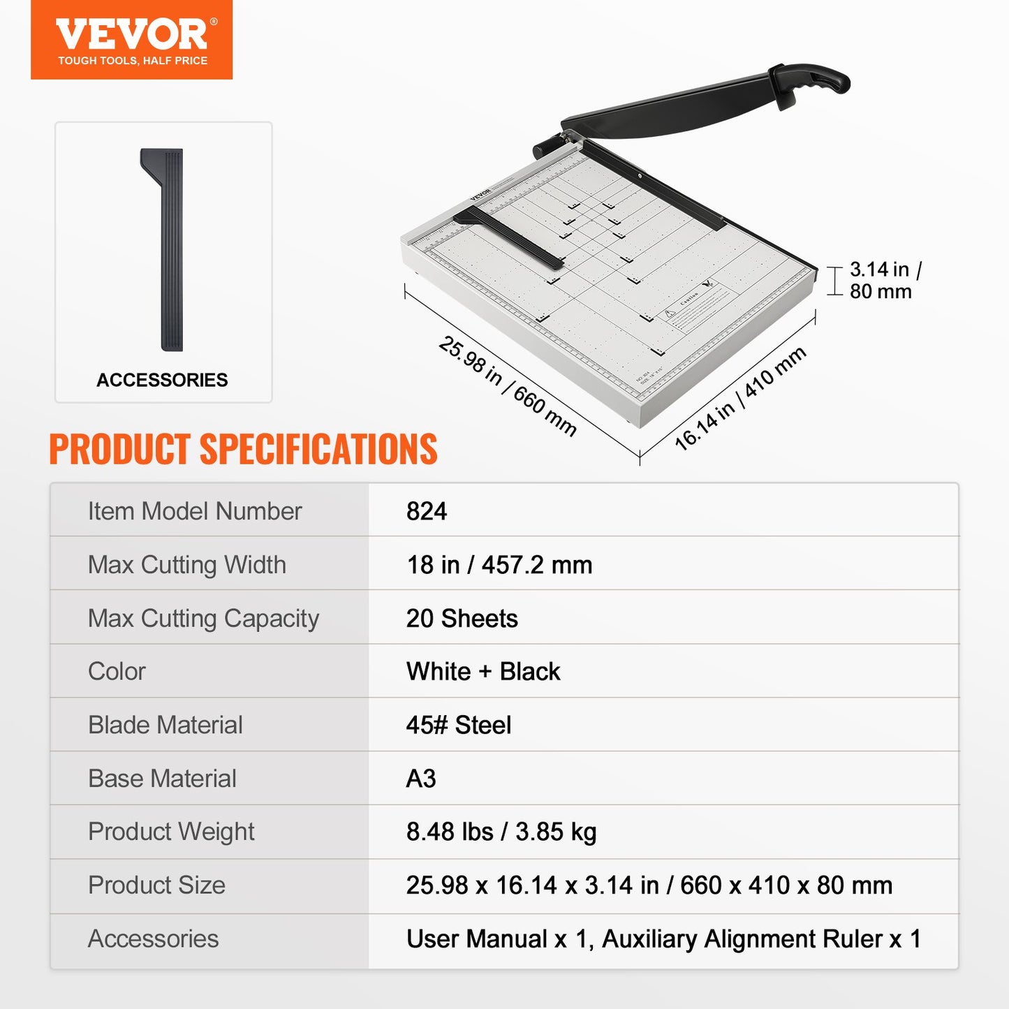 Paper Cutter, Guillotine Trimmer, 457 mm Cut Length, 20 Sheets Capacity, Heavy Duty Guillotine Paper Cutter with Guard Rail/Blade Lock for Cardstock/Cardboard, Paper Trimmer for Home Office - Image 7