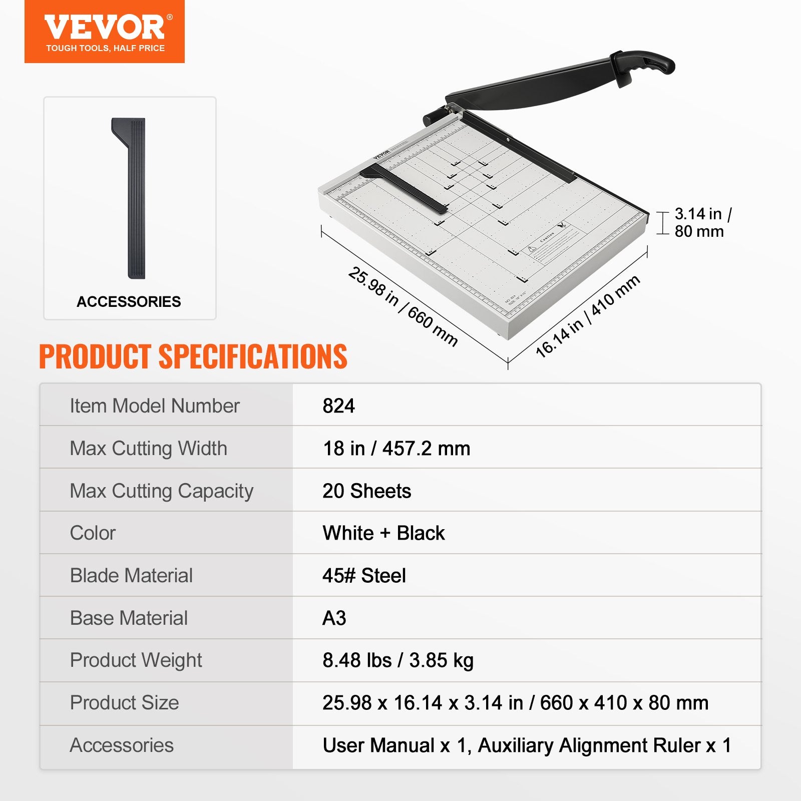 Paper Cutter, Guillotine Trimmer, 457 mm Cut Length, 20 Sheets Capacity, Heavy Duty Guillotine Paper Cutter with Guard Rail/Blade Lock for Cardstock/Cardboard, Paper Trimmer for Home Office - Image 7