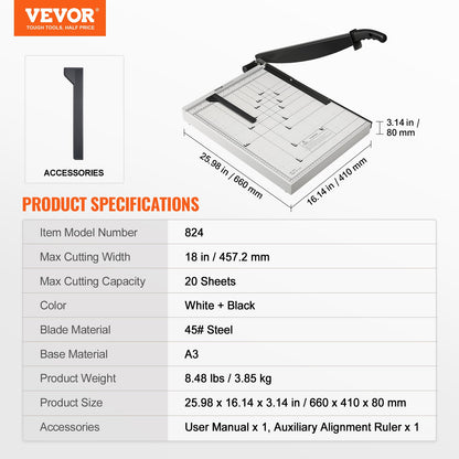 Paper Cutter, Guillotine Trimmer, 457 mm Cut Length, 20 Sheets Capacity, Heavy Duty Guillotine Paper Cutter with Guard Rail/Blade Lock for Cardstock/Cardboard, Paper Trimmer for Home Office - Image 7