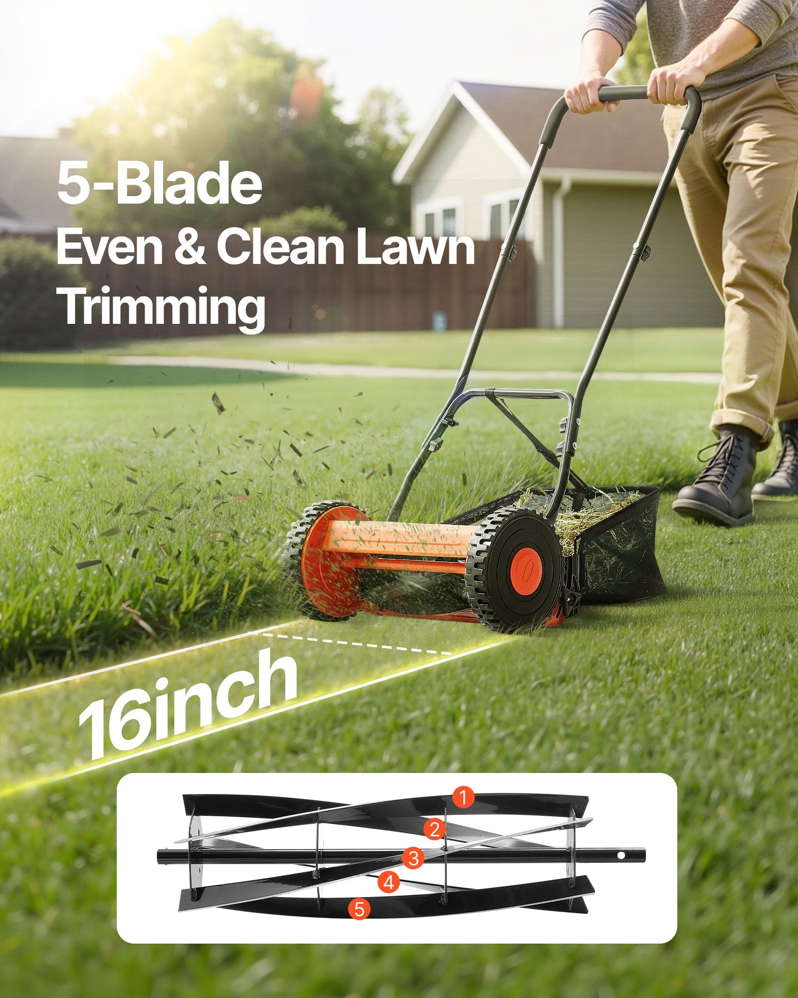40cm Push Reel Lawn Mower 5-Blade Adjustable Height Grass Catcher 2-Wheel - Image 2
