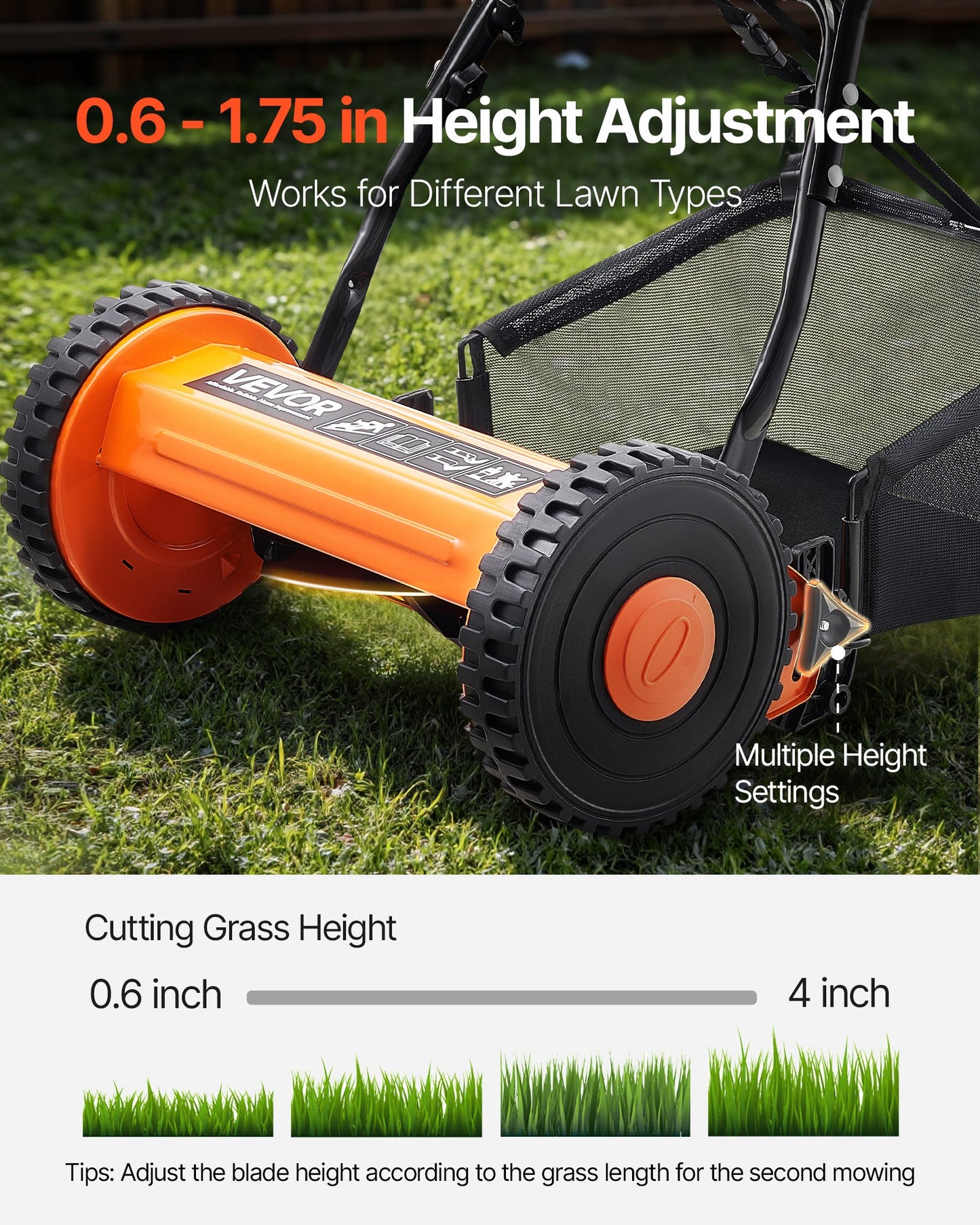 40cm Push Reel Lawn Mower 5-Blade Adjustable Height Grass Catcher 2-Wheel - Image 4
