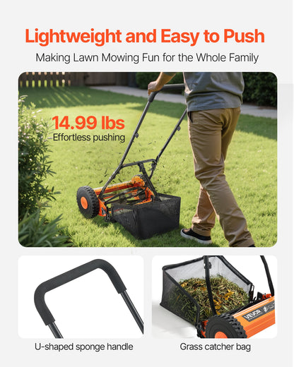 40cm Push Reel Lawn Mower 5-Blade Adjustable Height Grass Catcher 2-Wheel - Image 5