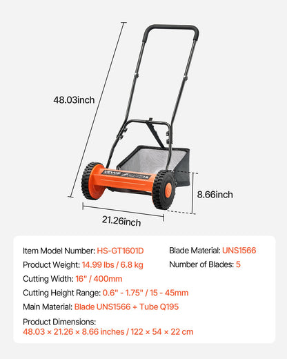 40cm Push Reel Lawn Mower 5-Blade Adjustable Height Grass Catcher 2-Wheel - Image 7